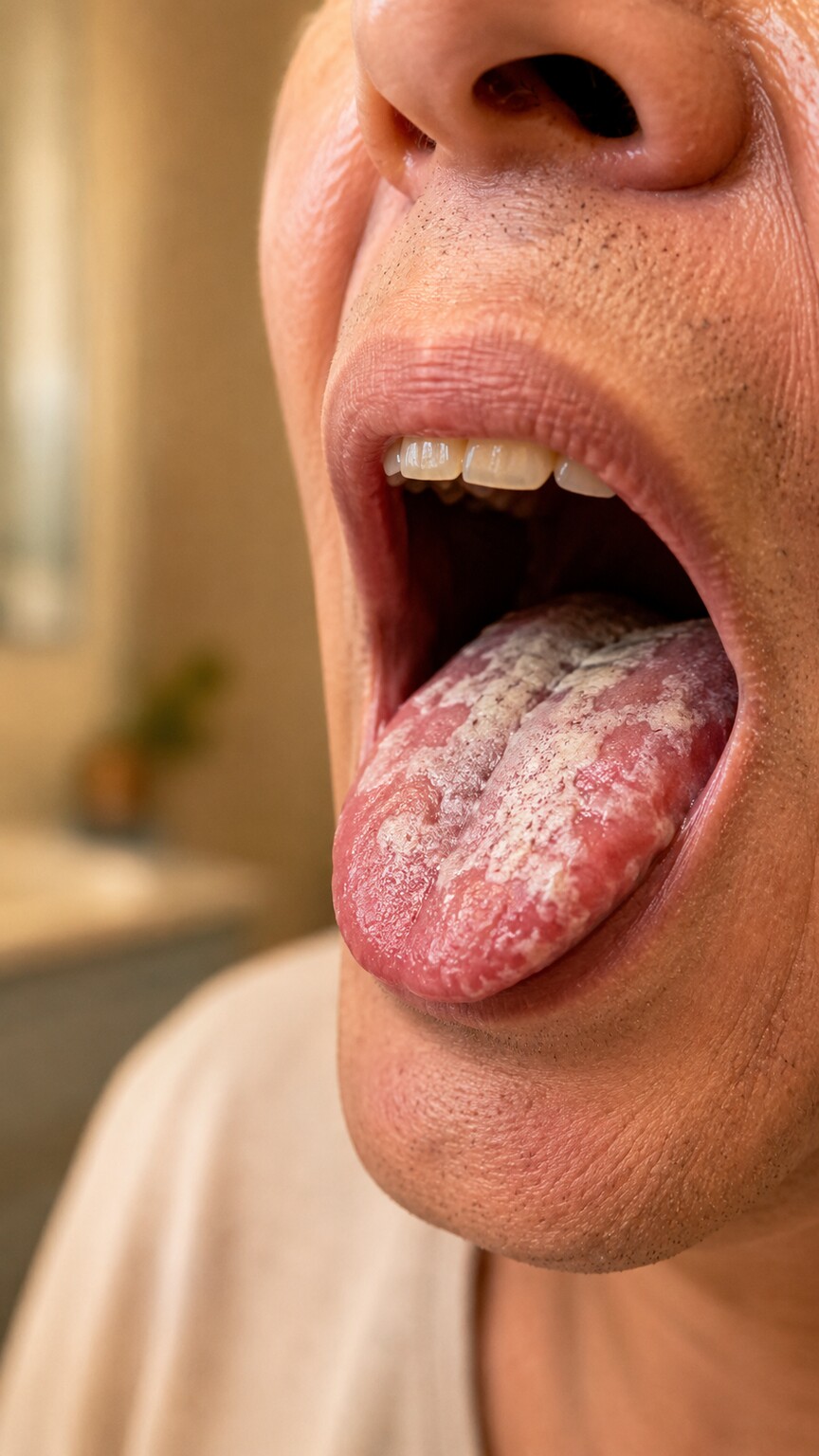 Close-up of white patches of oral thrush on a tongue, a sign of Candida overgrowth in a person with weakened immunity
