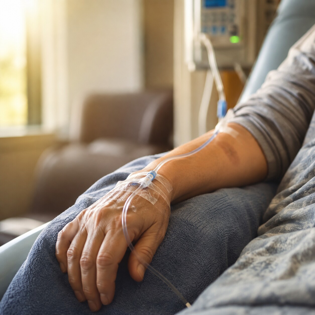 Close-up of an IV chemotherapy infusion line taped to a patient's arm, a treatment that can cause temporary neutropenia