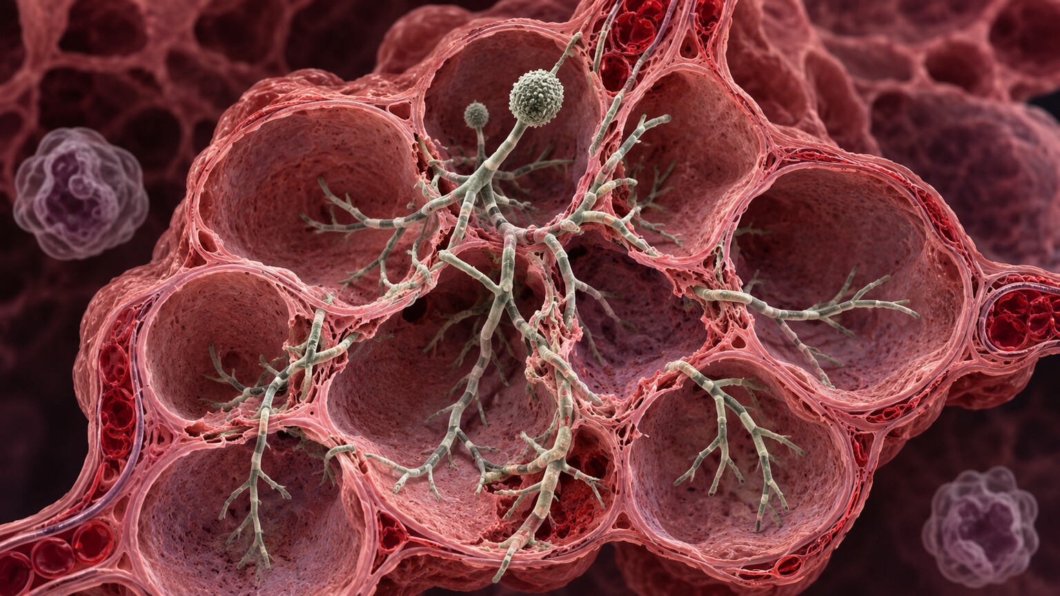 Cross-section illustration of Aspergillus hyphae growing through lung alveolar tissue in a neutropenic patient