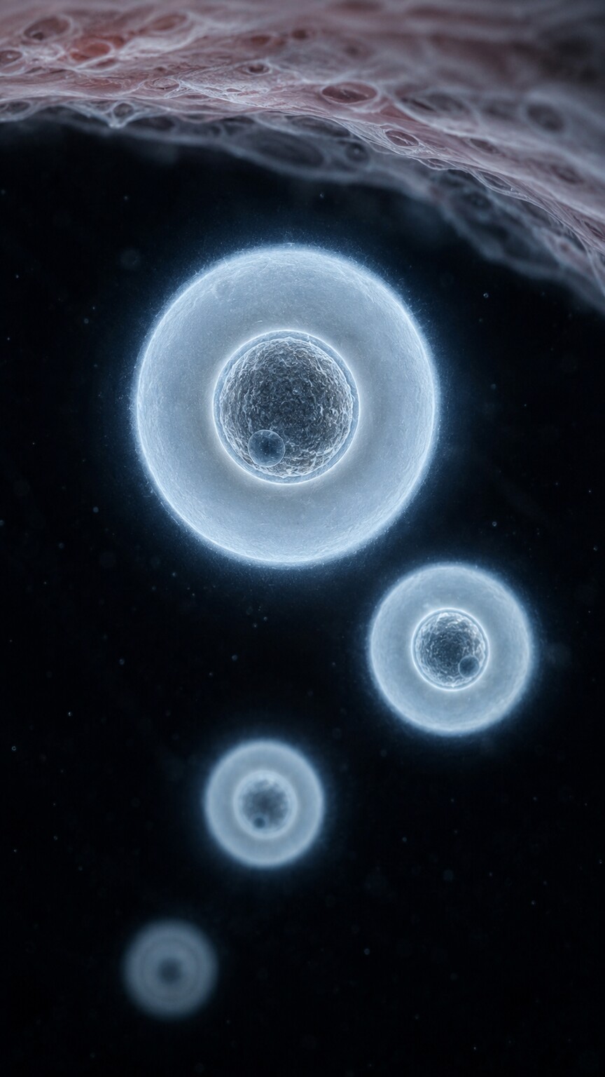 Scientific illustration of encapsulated Cryptococcus yeast cells suspended in cerebrospinal fluid with a visible polysaccharide capsule halo