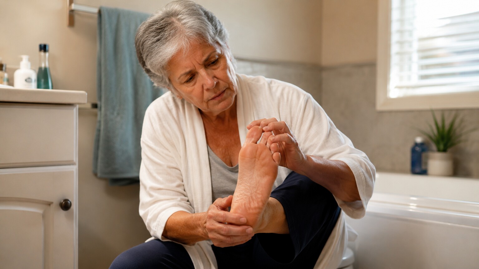 Person sitting on the edge of a bathtub examining a thickened, discolored toenail affected by fungal infection