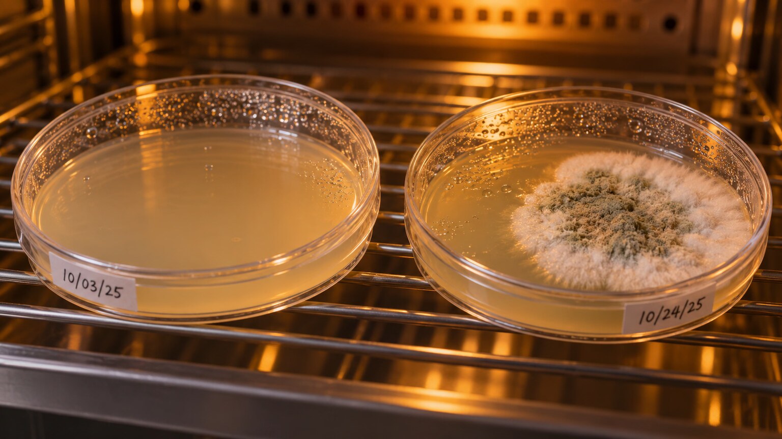 Two fungal culture plates side by side showing an empty sample versus a fuzzy fungal colony grown after weeks in an incubator