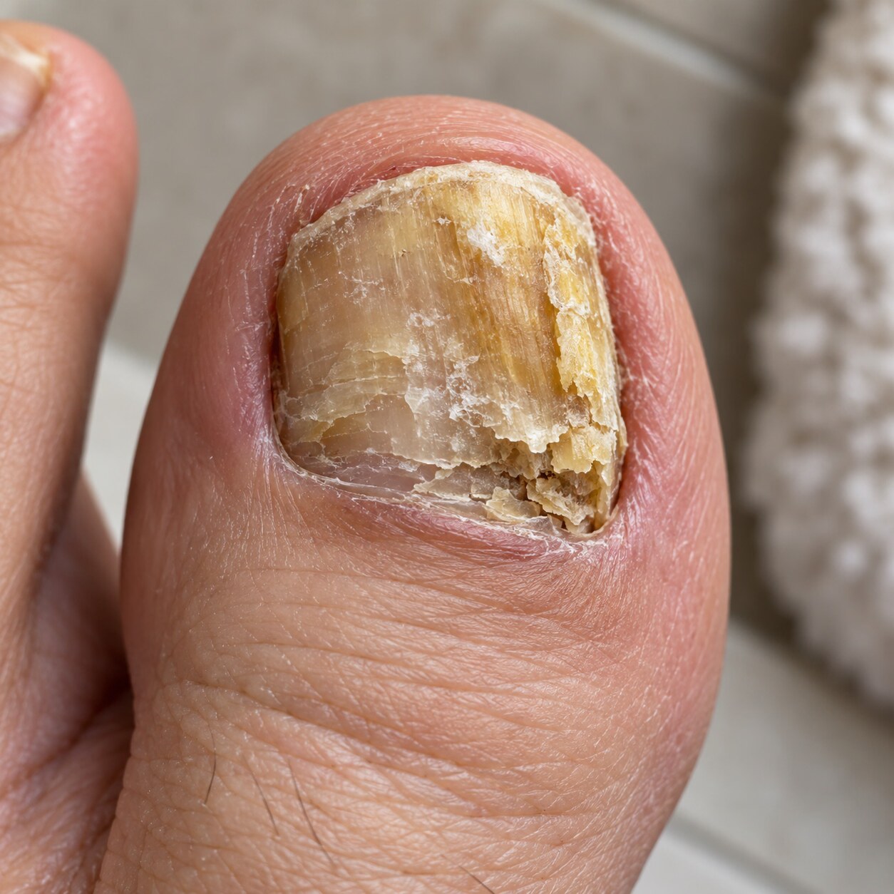 Close-up of a thickened, yellow, crumbling toenail, a common reason doctors order a fungal culture