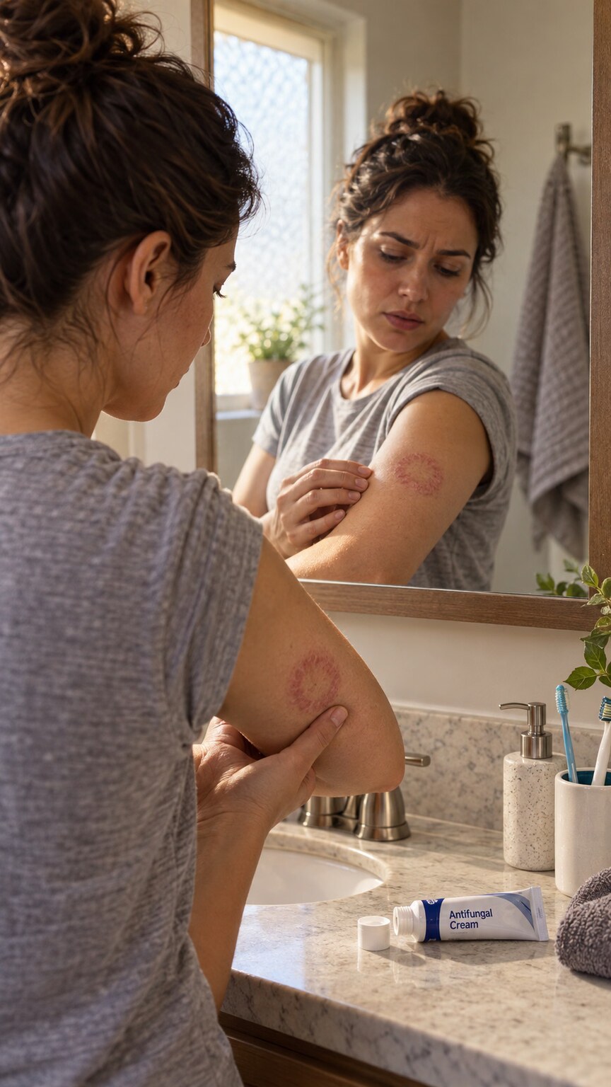 Person examining a ring-shaped skin rash on their forearm in a bathroom mirror next to an unopened antifungal cream tube