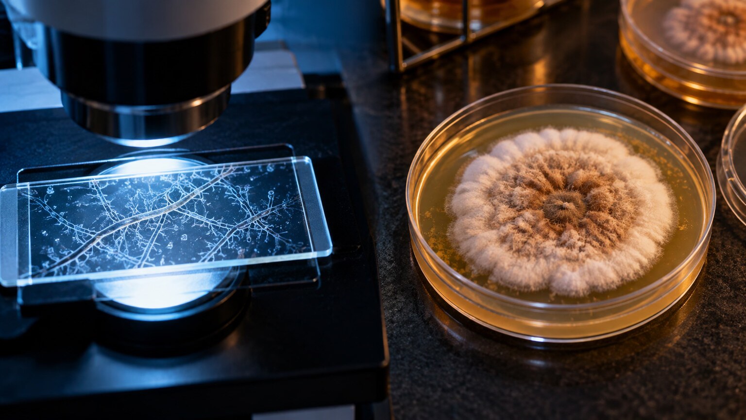 Fungal sample under a microscope slide beside a fully grown culture plate colony on a lab bench