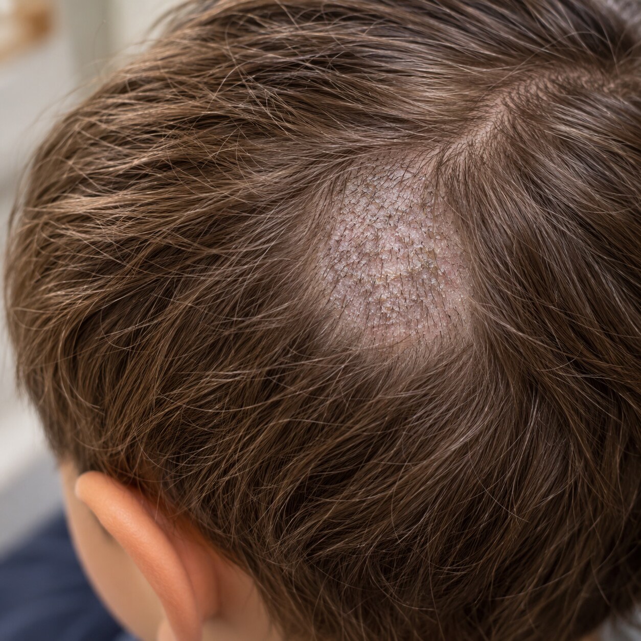 Close-up of a child's scalp showing a round, scaly patch of hair thinning consistent with a fungal scalp infection