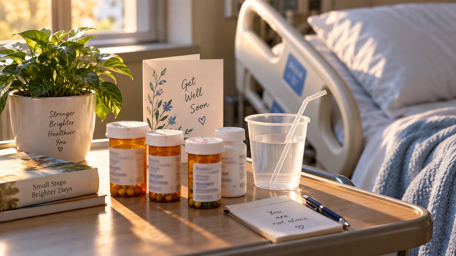 Hospital bedside table with medication bottles and a get-well card, representing a patient with a weakened immune system