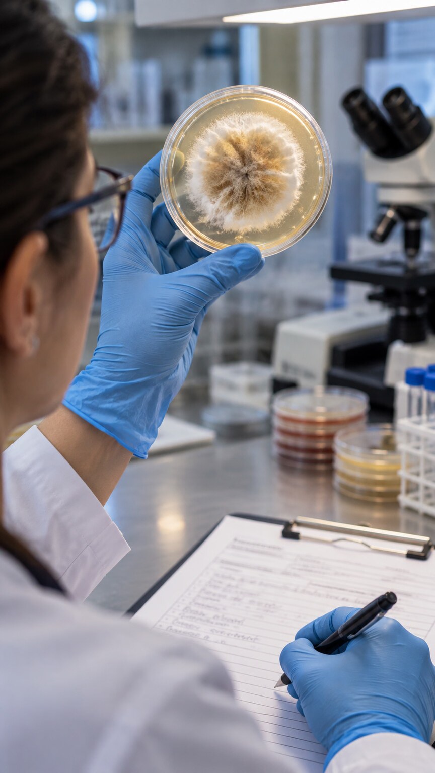 Gloved hands of a lab technician holding a grown fungal culture plate up to the light while recording colony details on a clipboard