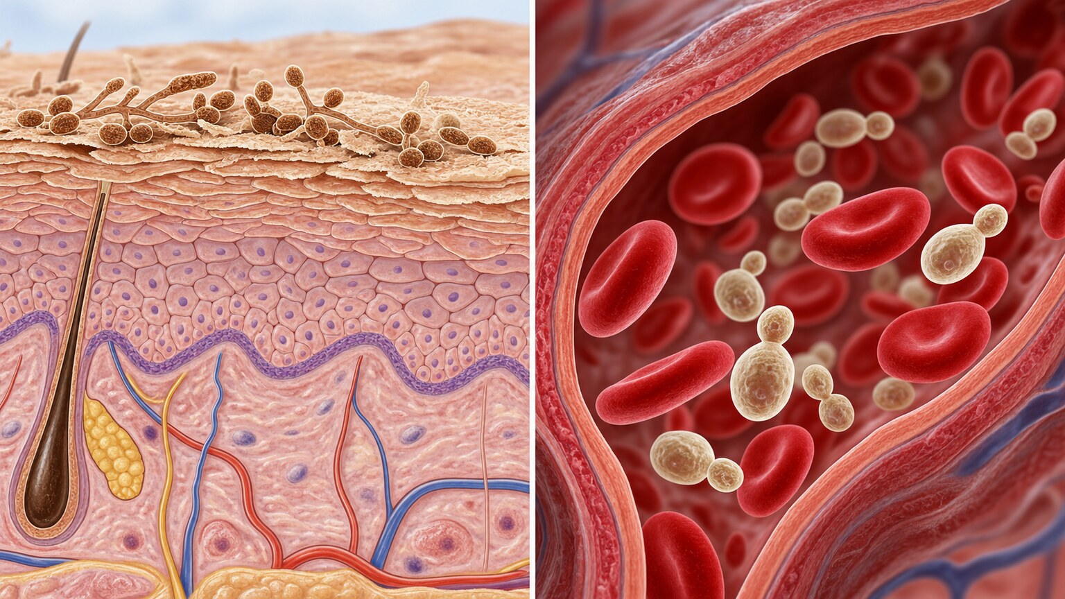 Cross-section illustration comparing fungal cells confined to the skin's outer keratin layer against fungal cells circulating freely inside a blood vessel
