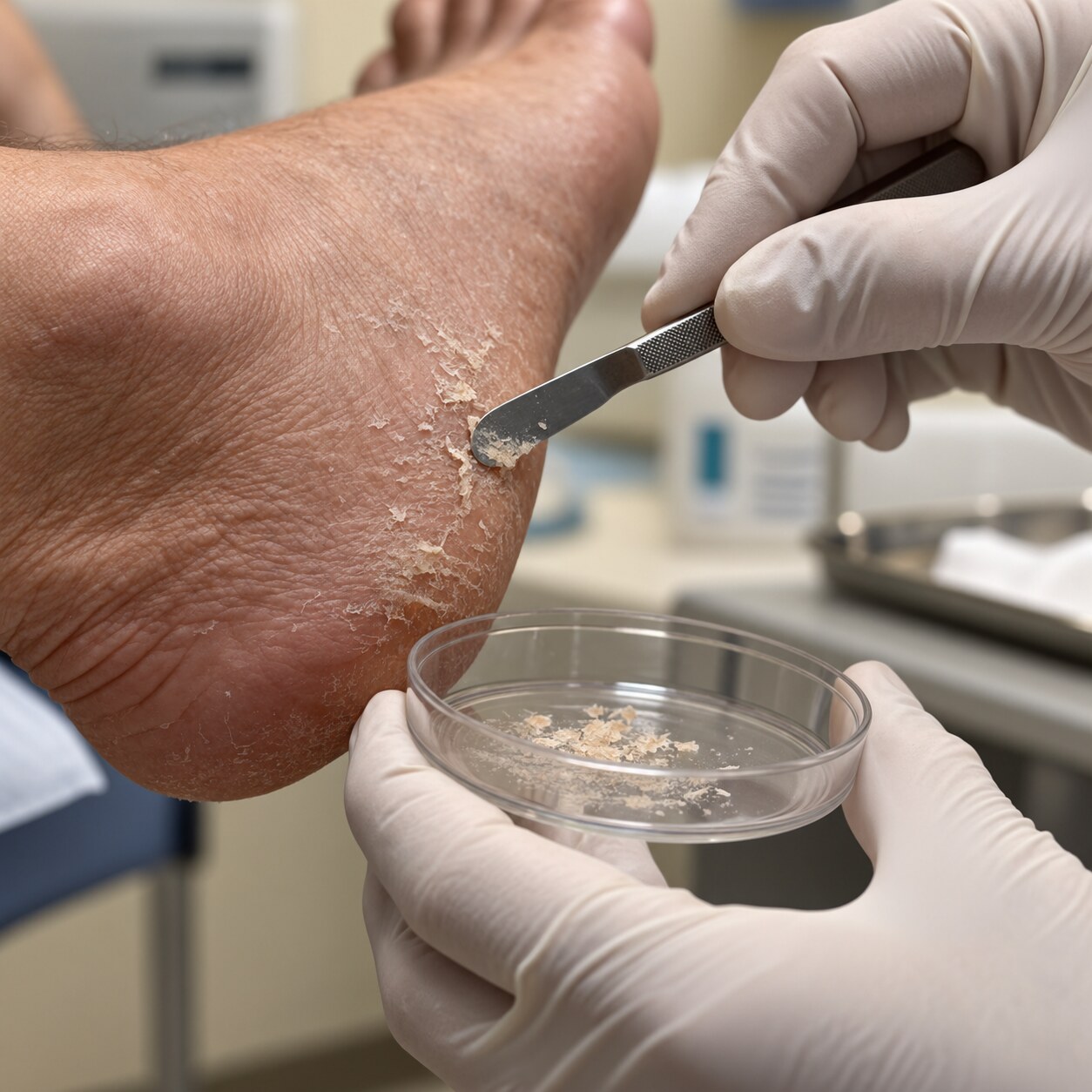 Close-up of a clinician using a small blunt blade to scrape flaking skin from a foot into a collection dish