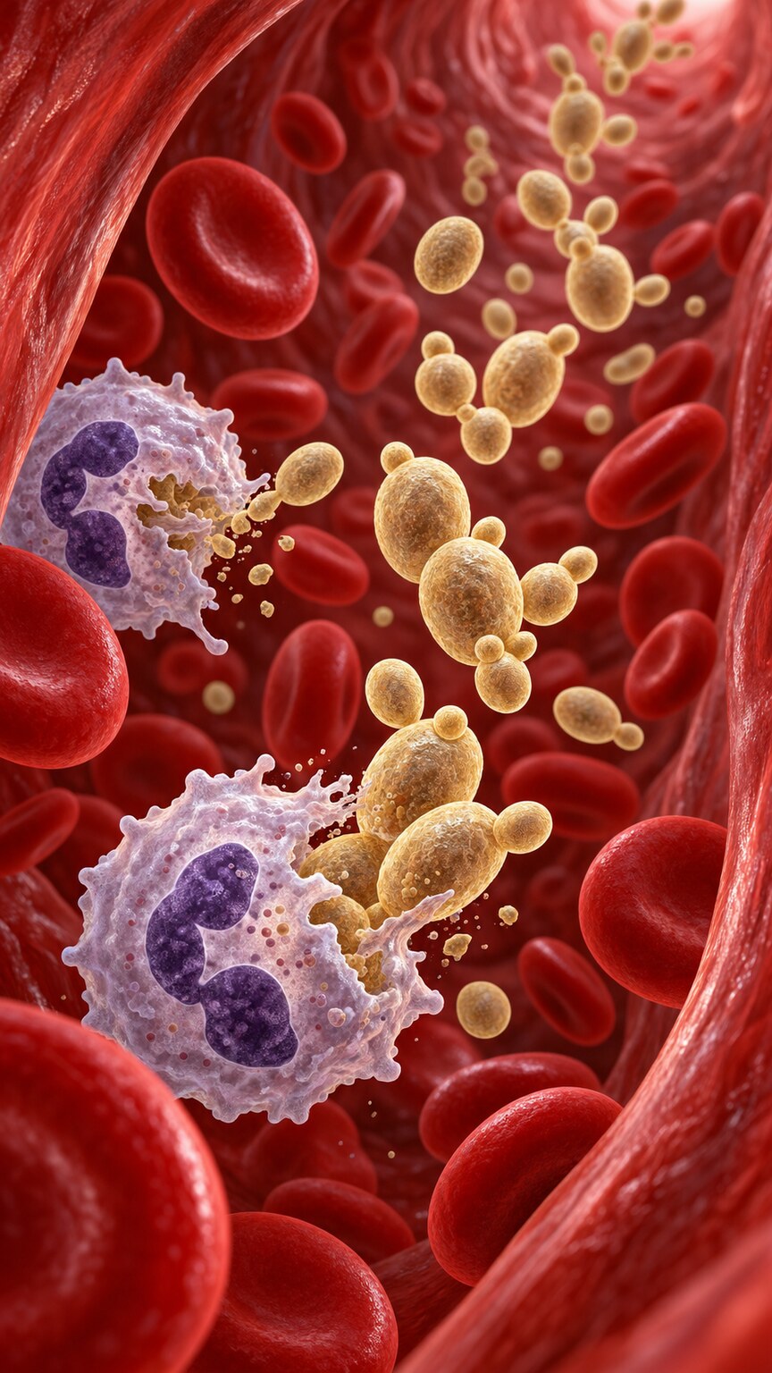 Scientific illustration showing a bloodstream with very few neutrophil white blood cells failing to contain multiplying yeast-like fungal cells