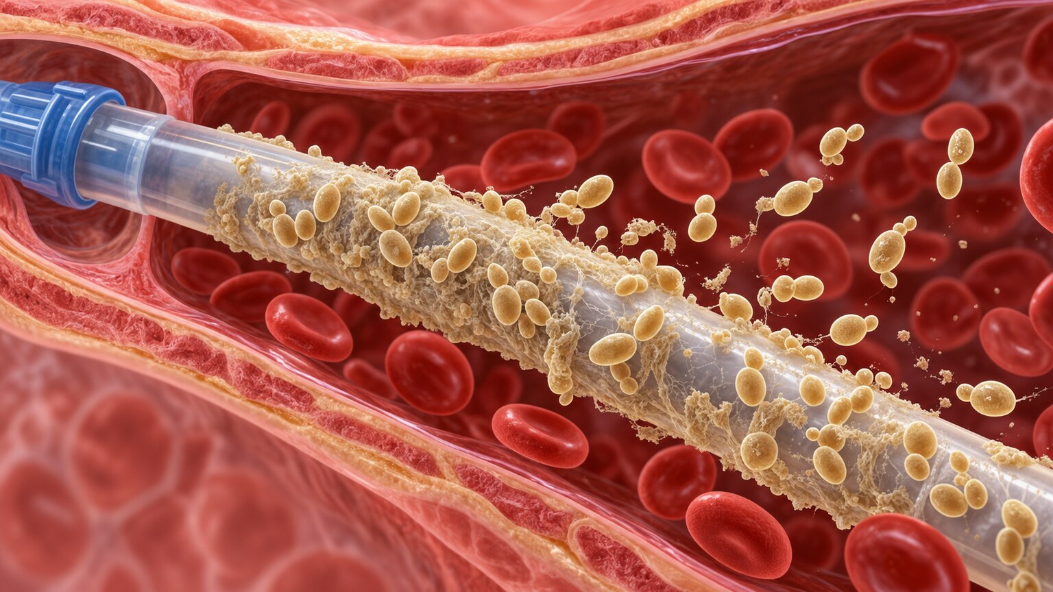 Cross-section illustration of a central venous catheter inside a blood vessel with a fungal biofilm coating its inner surface