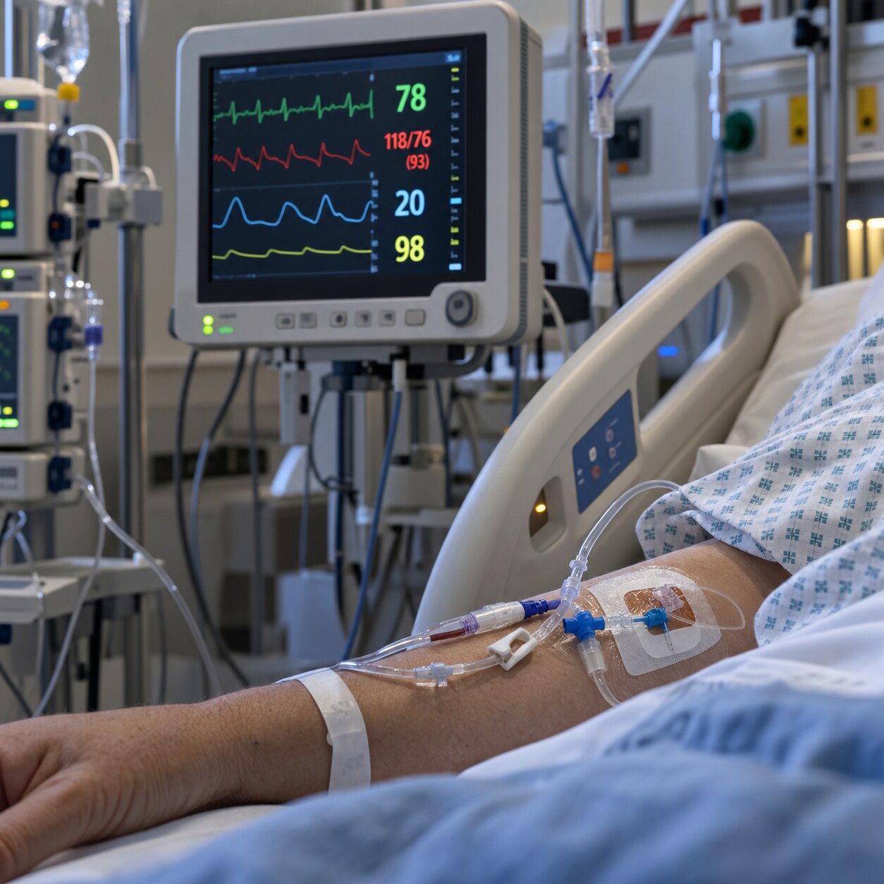 Hospital bedside monitor and IV line beside a patient's arm, representing the ICU setting where fungal bloodstream infection risk is highest
