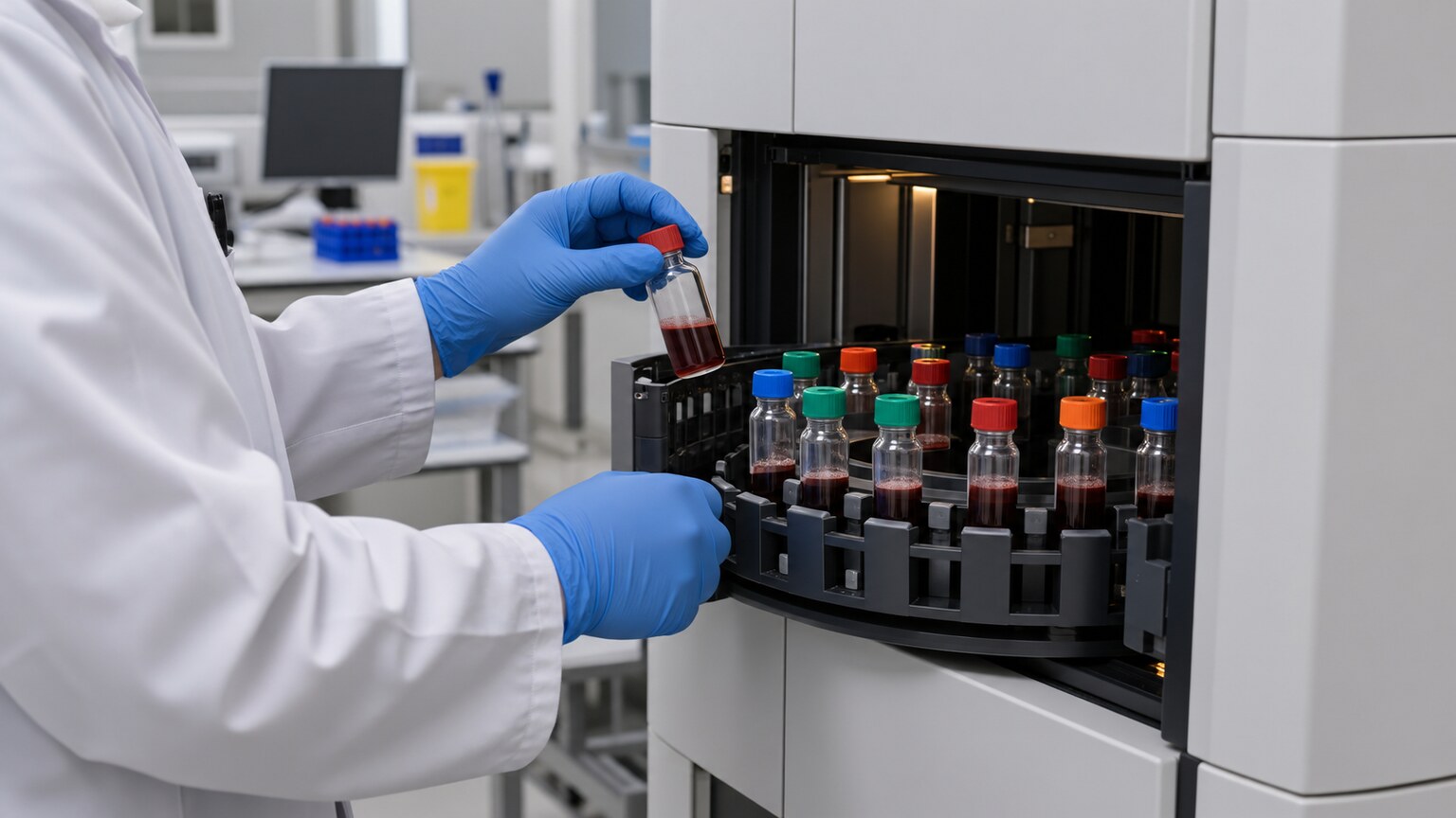Laboratory technician loading blood culture bottles into an automated incubator system for fungal detection