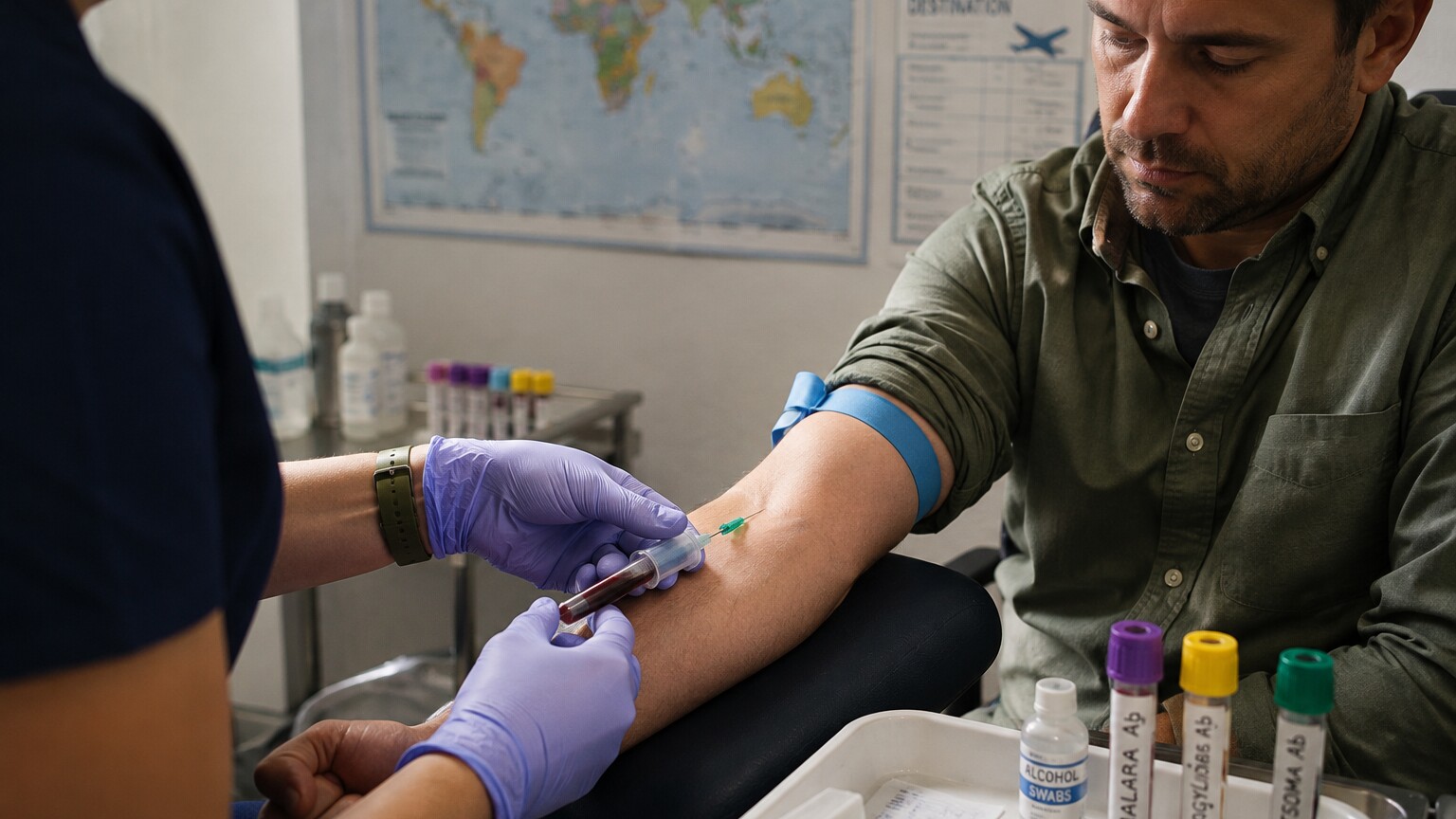 Phlebotomist drawing a vial of blood from a patient's arm at a travel medicine clinic