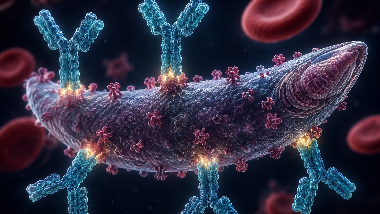 Scientific illustration of Y-shaped antibodies binding to Toxoplasma gondii surface antigens