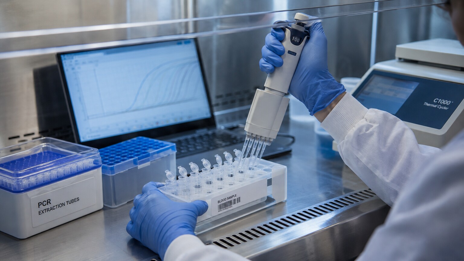 Laboratory technician using a pipette to load a blood sample into a PCR extraction plate under a biosafety hood