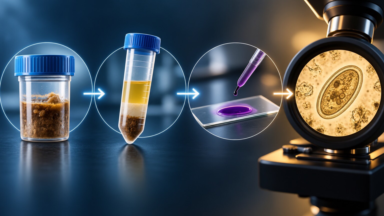 Laboratory workflow illustration showing the sequential steps a stool sample passes through before parasite identification is complete