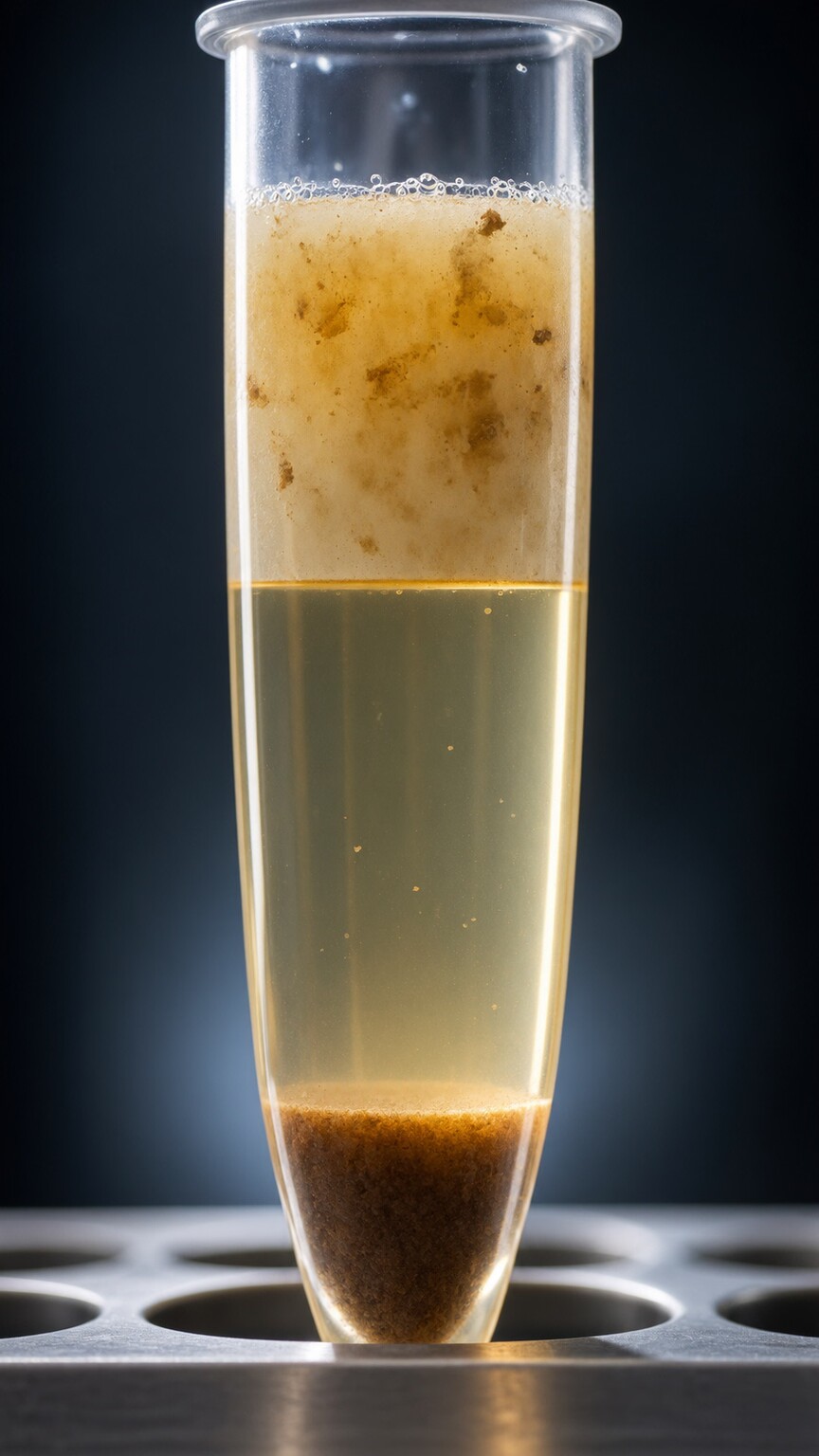 Close-up of a centrifuge tube showing distinct sediment and debris layers after formalin-ethyl acetate concentration of a stool sample