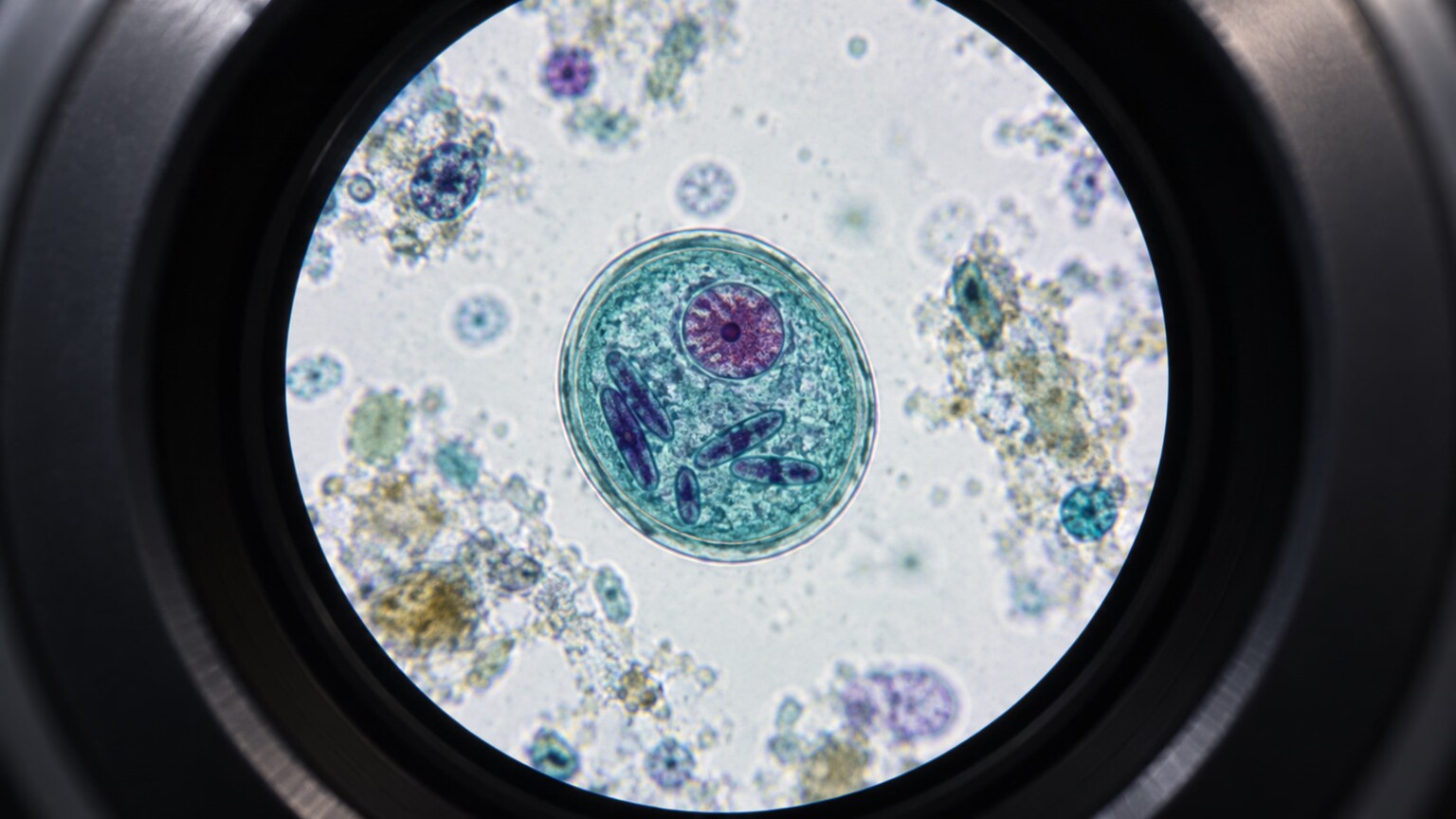 Microscope field view of a stained parasite cyst showing internal nuclear and karyosome detail used for species identification