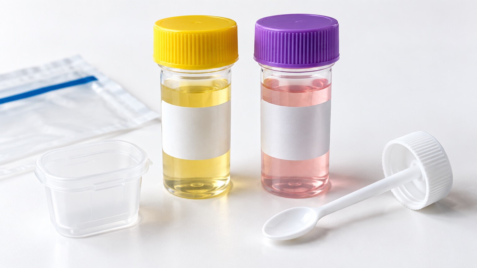 Stool collection kit showing two labeled preservative vials, one containing formalin and one containing a fixative for permanent staining