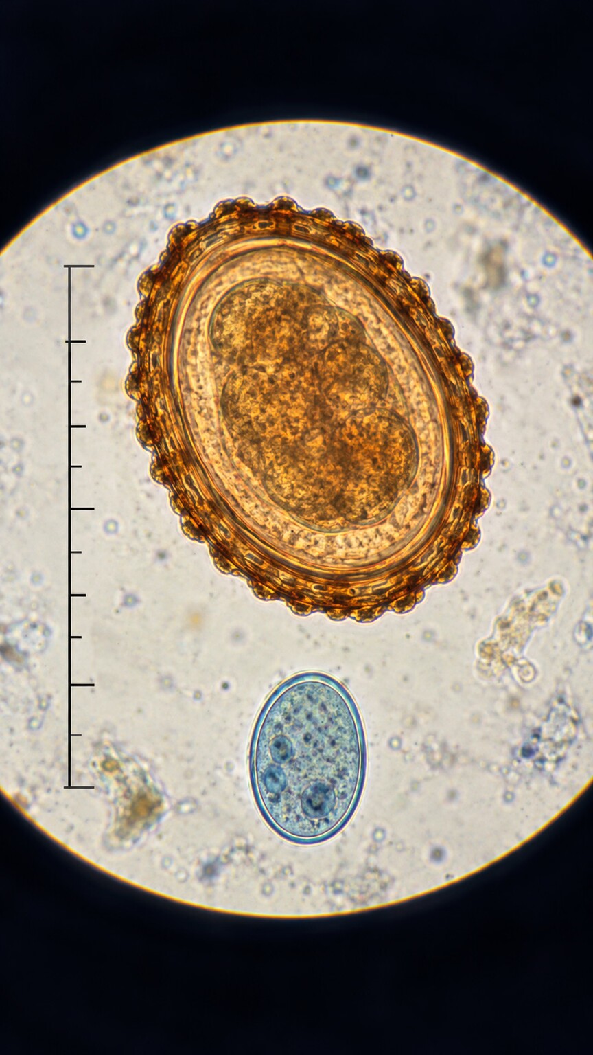 Side-by-side microscope comparison of a large distinctly-shelled worm egg beside a much smaller single-celled protozoan cyst