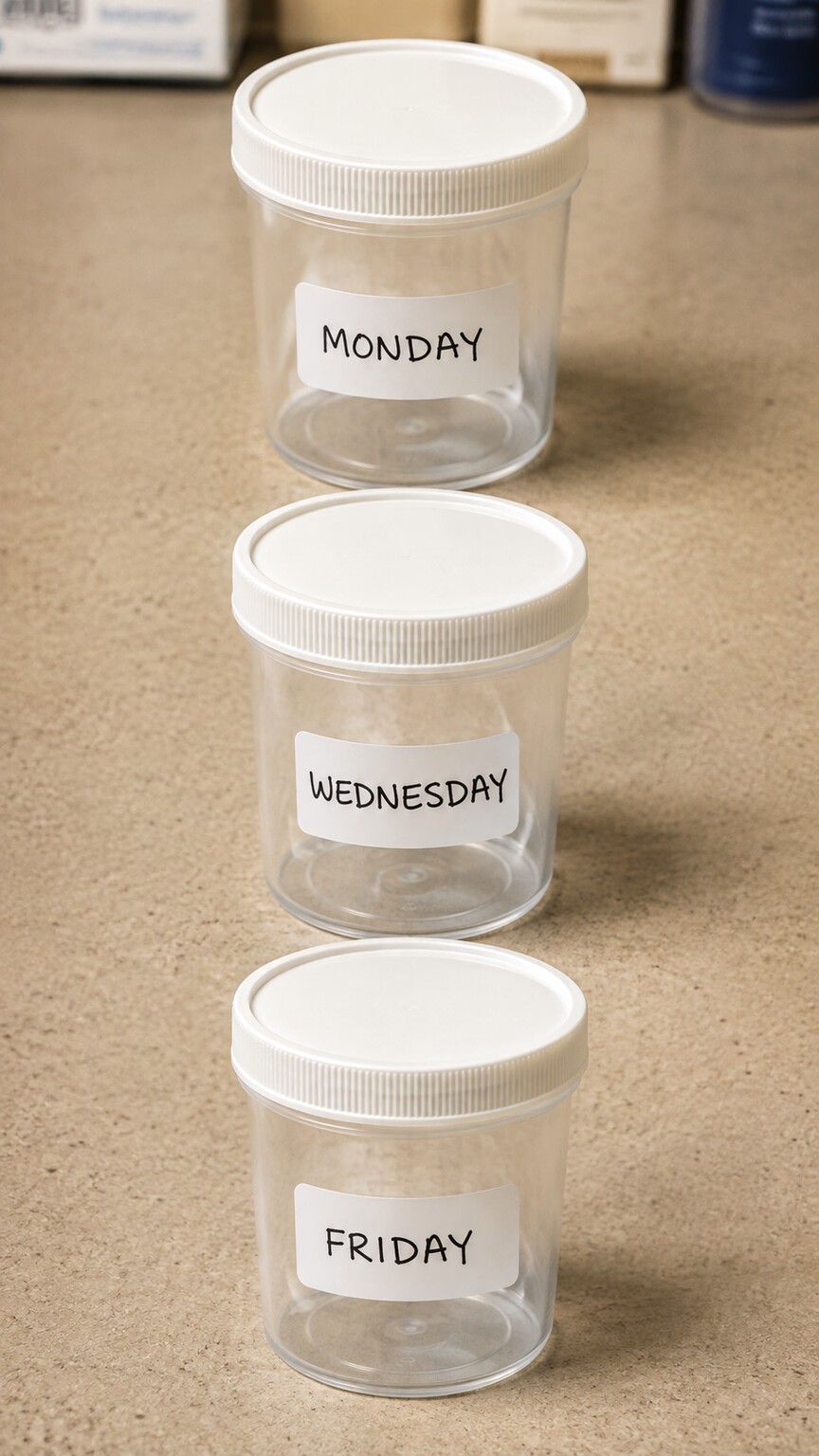 Three labeled stool specimen collection cups arranged in a row, each dated several days apart, representing a standard multi-sample parasite testing protocol