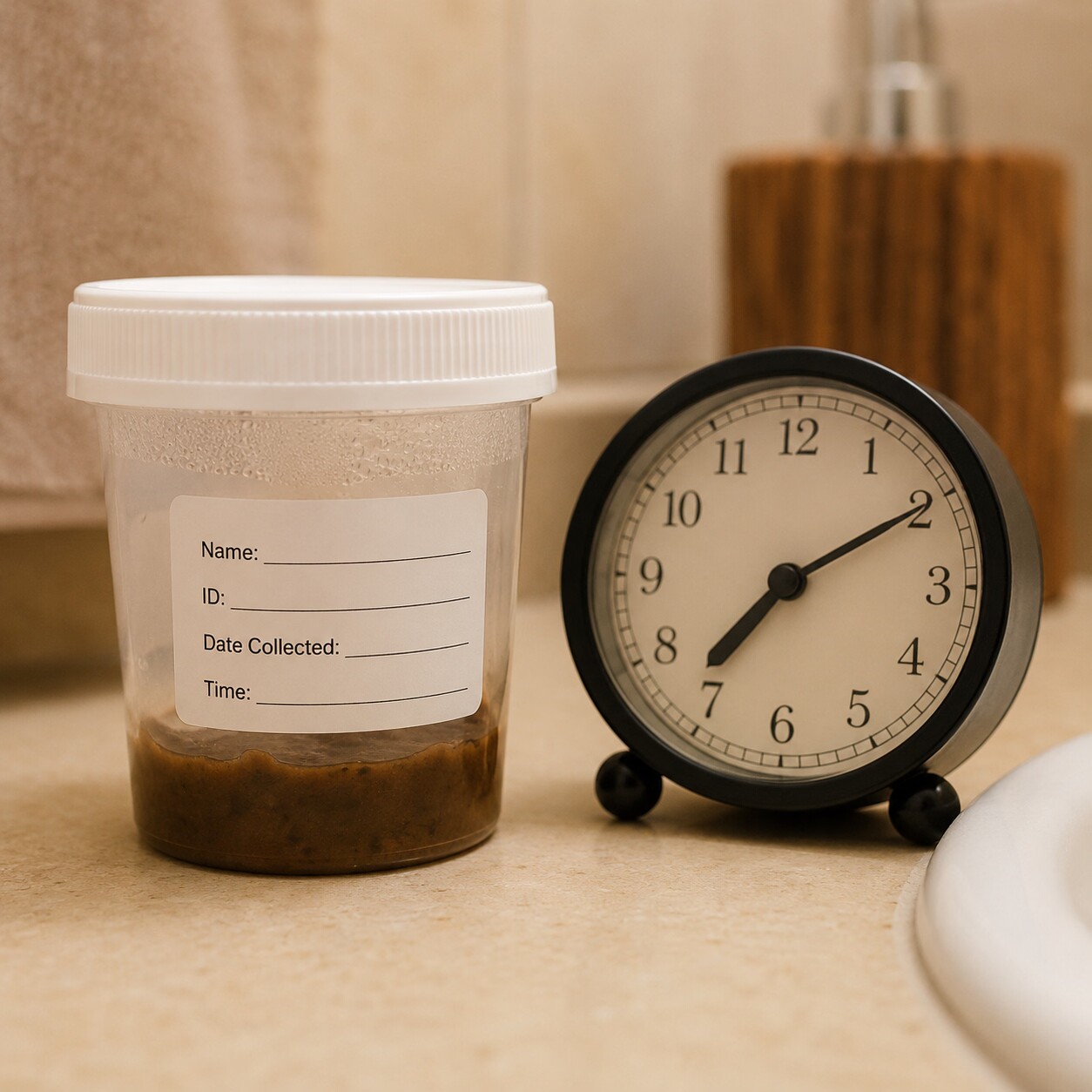 A stool specimen container sitting on a bathroom counter beside a small clock showing several hours have passed since collection