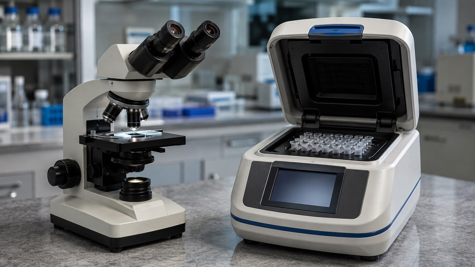 A traditional microscope with a prepared stool slide positioned beside modern PCR testing equipment, representing two different generations of parasite detection technology