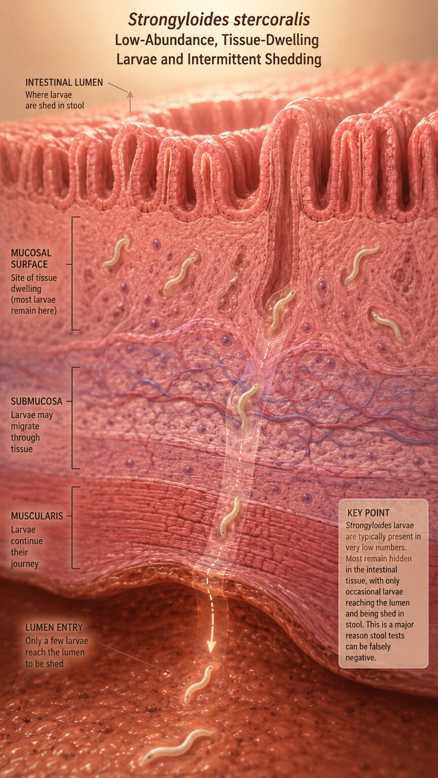 Scientific illustration of Strongyloides larvae embedded within intestinal tissue, showing why they shed into stool inconsistently compared to other parasite species