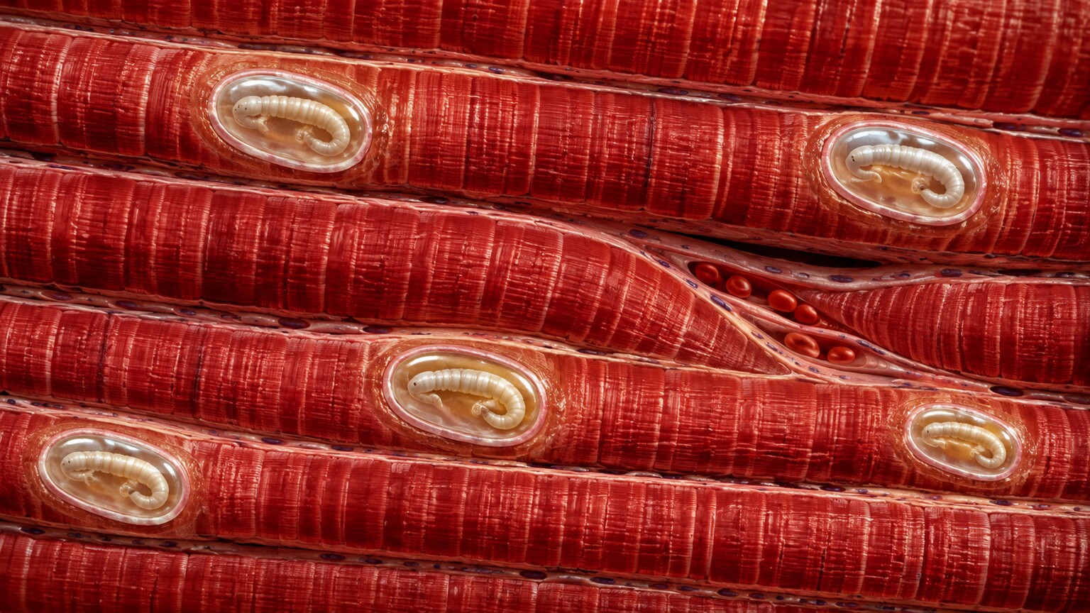 Scientific cross-section illustration of encysted parasite larvae embedded within striated muscle tissue, a location a stool sample can never reach