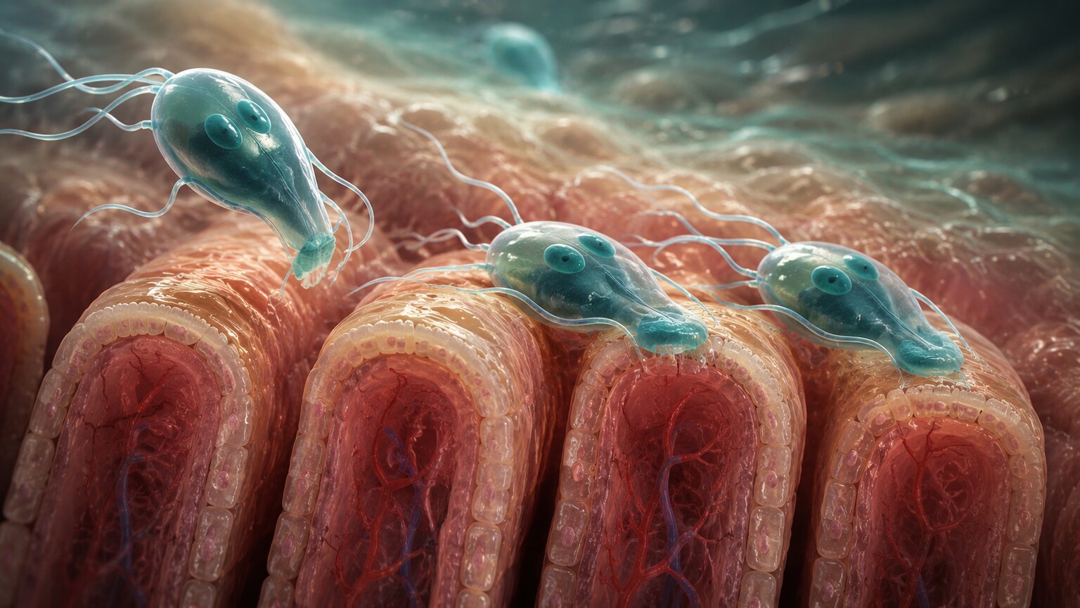 Scientific illustration of pear-shaped Giardia trophozoites with flagella attached to intestinal villi lining