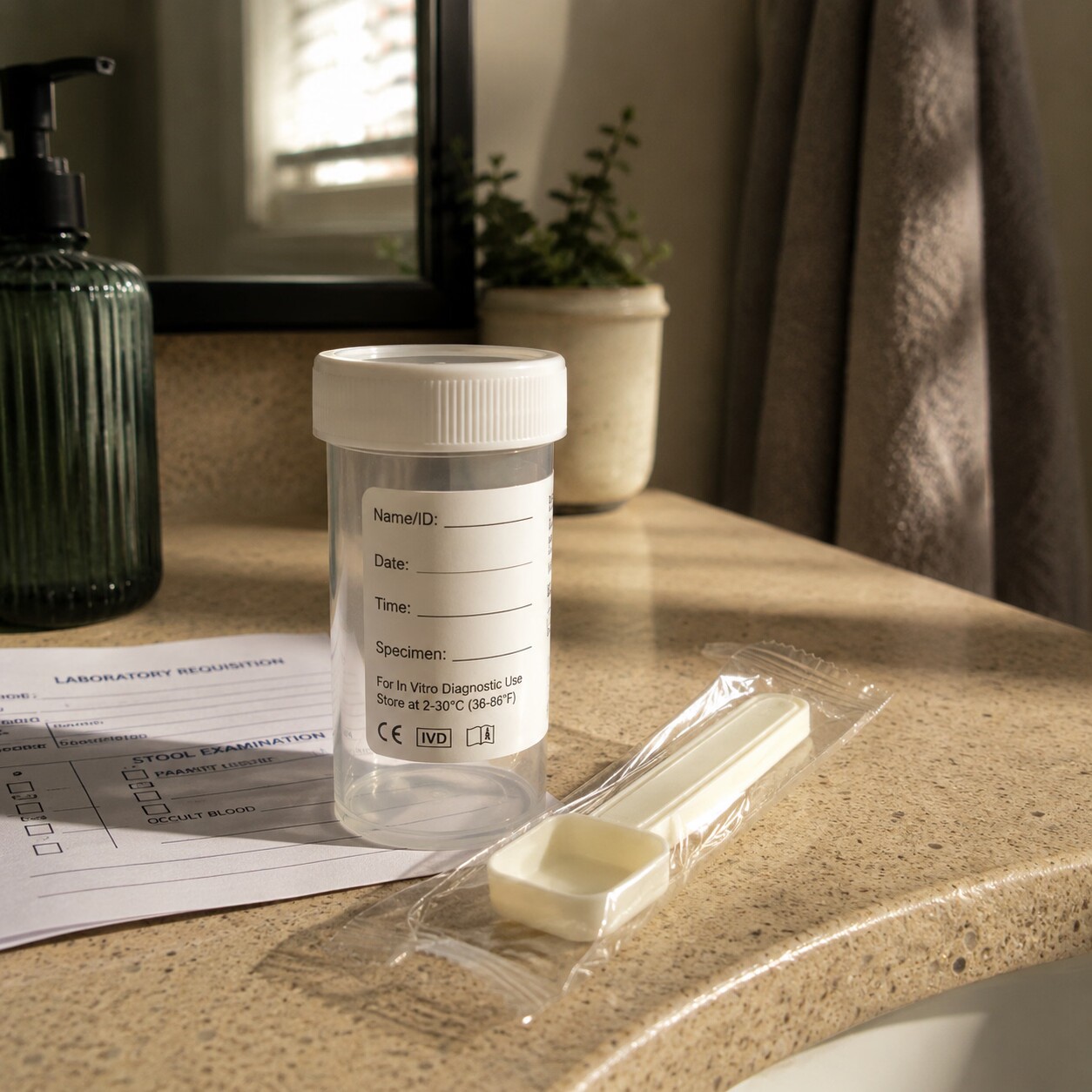 Home stool sample collection kit with labeled vial and scoop on a bathroom counter in morning light