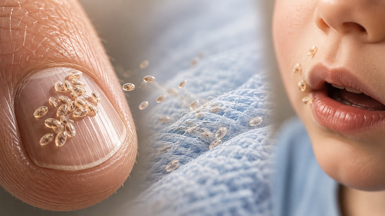 Scientific illustration showing microscopic pinworm eggs transferring from hands to household surfaces and back to the mouth
