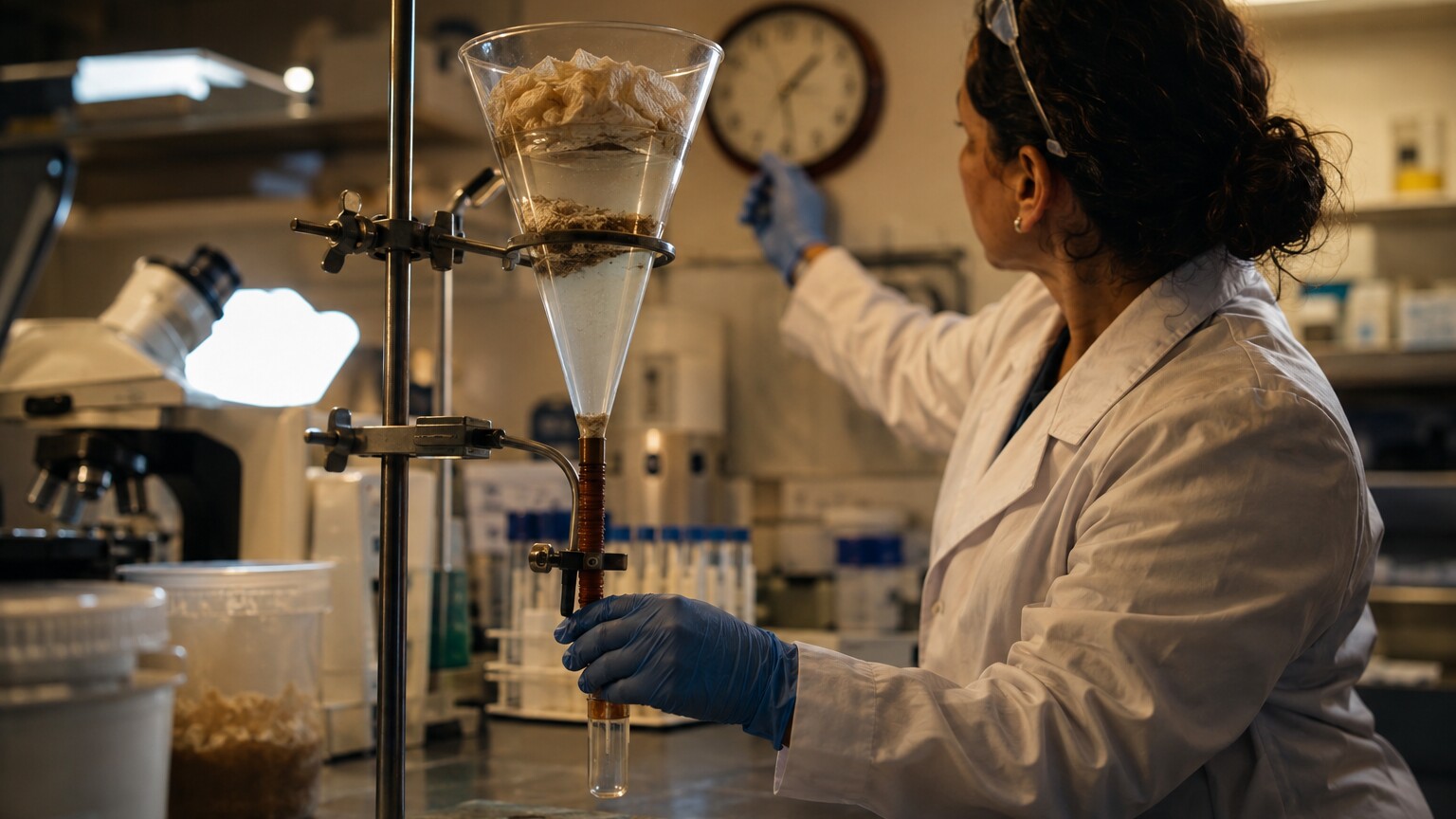 Laboratory technician performing a Baermann funnel technique to recover live larvae from a stool sample