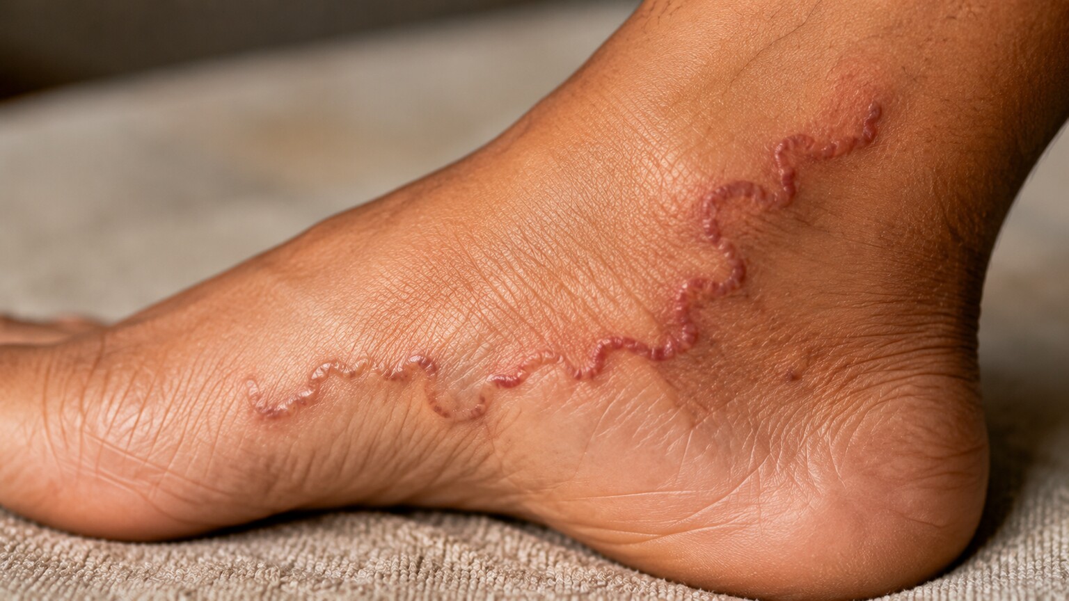 Close-up of a raised, winding red skin track on a foot caused by a migrating hookworm larva under the skin