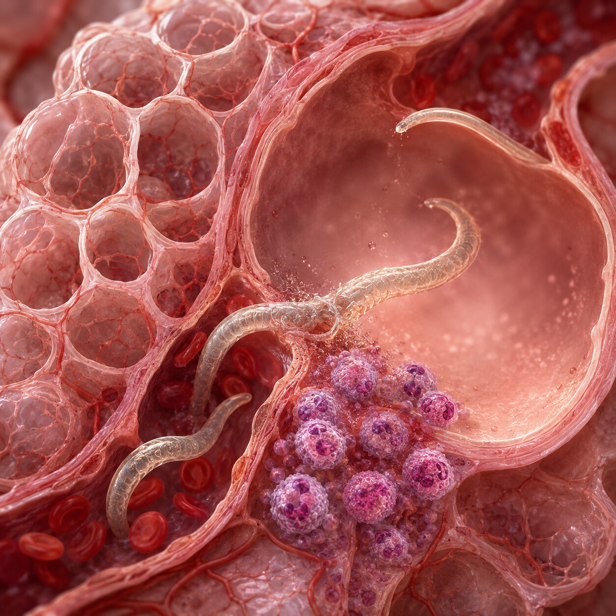 Scientific cross-section illustration of larvae breaking through lung alveolar capillaries into the airway