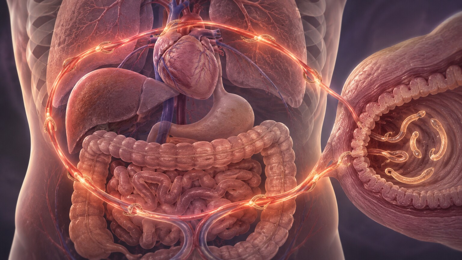 Scientific illustration of the Strongyloides autoinfection cycle showing filariform larvae re-penetrating the colon wall