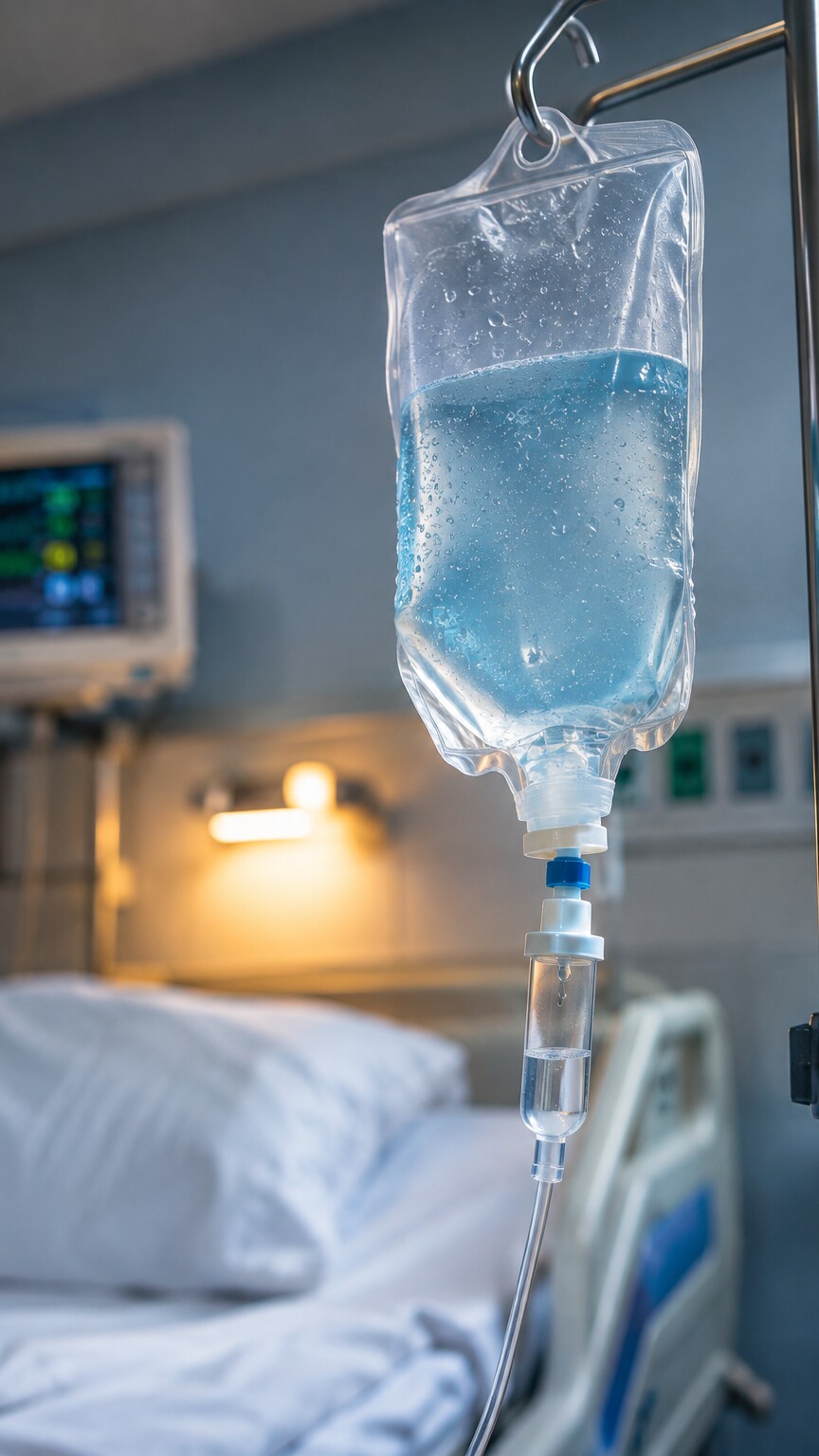 A corticosteroid IV infusion bag hanging beside a hospital bed rail on an immunology ward