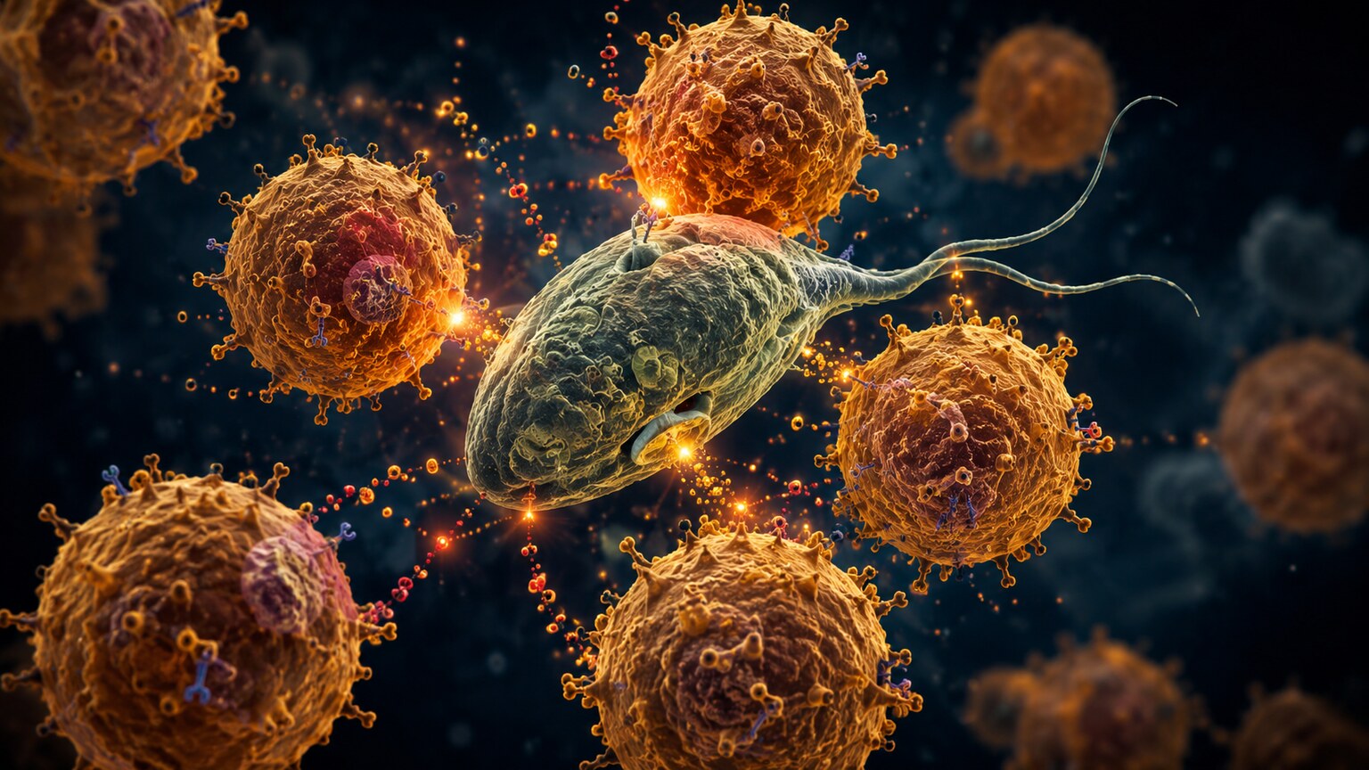 Scientific illustration of immune cells surrounding a parasitic organism, showing that symptoms arise from this immune reaction rather than the parasite alone
