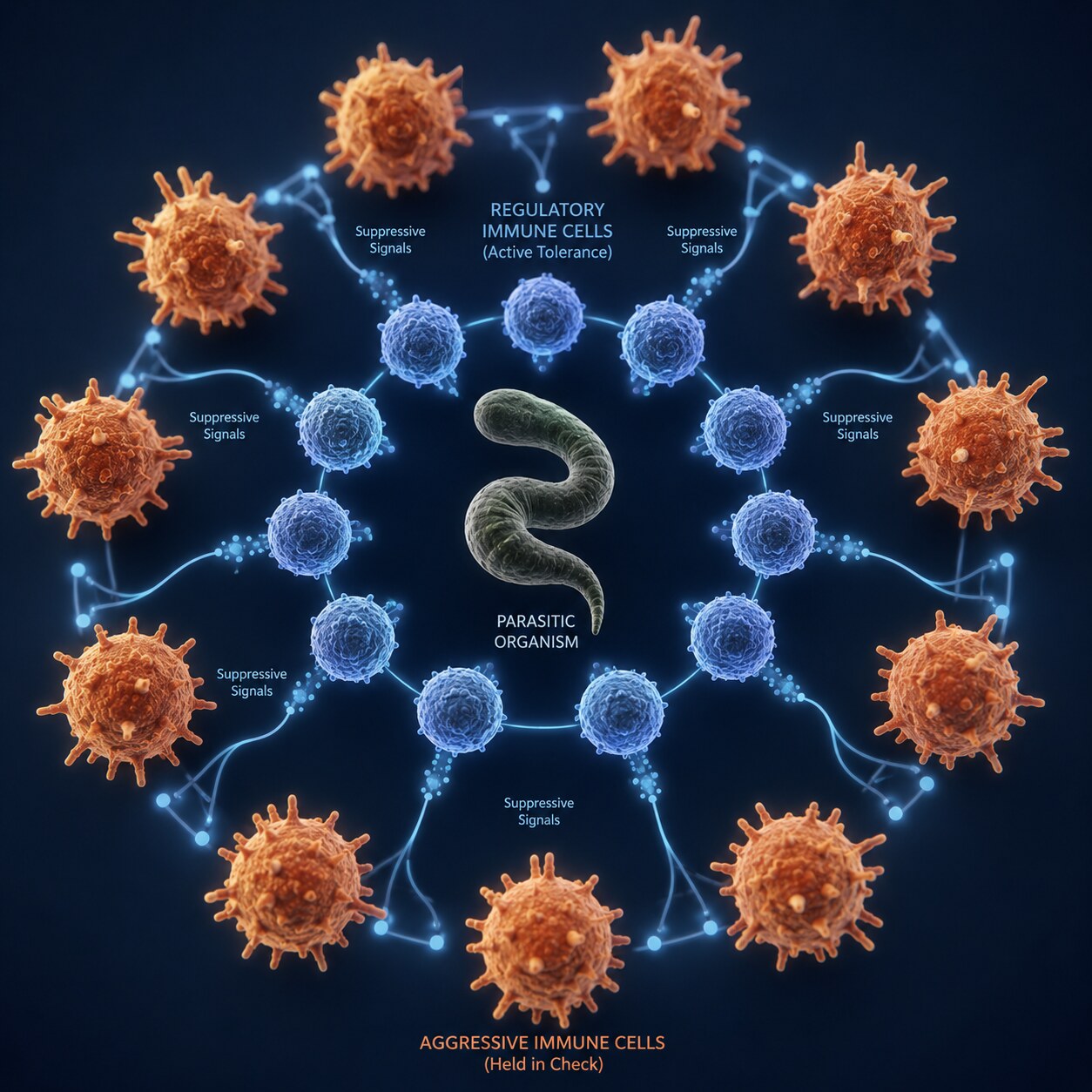 Illustration depicting the immune system's regulatory cells actively dampening a response to a long-present parasitic organism