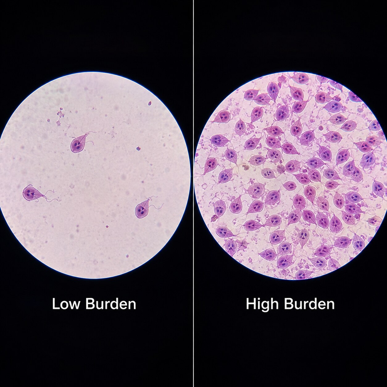 Side-by-side microscope field comparison showing a sparse low parasite count versus a dense high parasite count in the same organism type