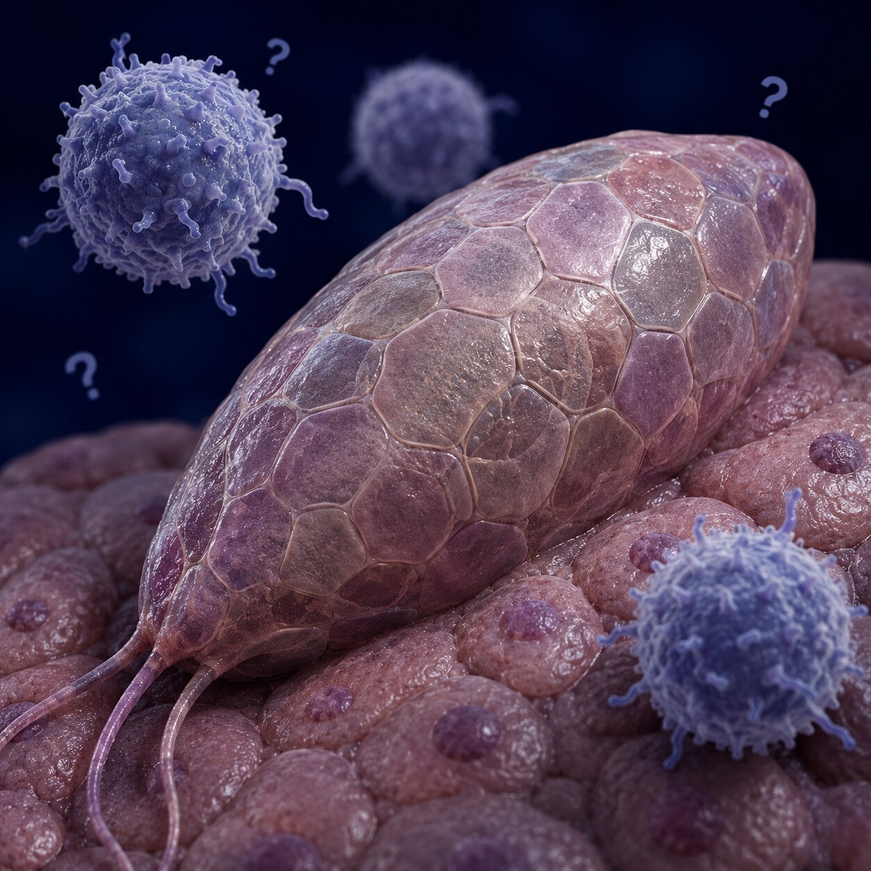 Illustration of a parasite coated in a molecular camouflage layer that mimics host tissue, evading recognition by immune surveillance cells