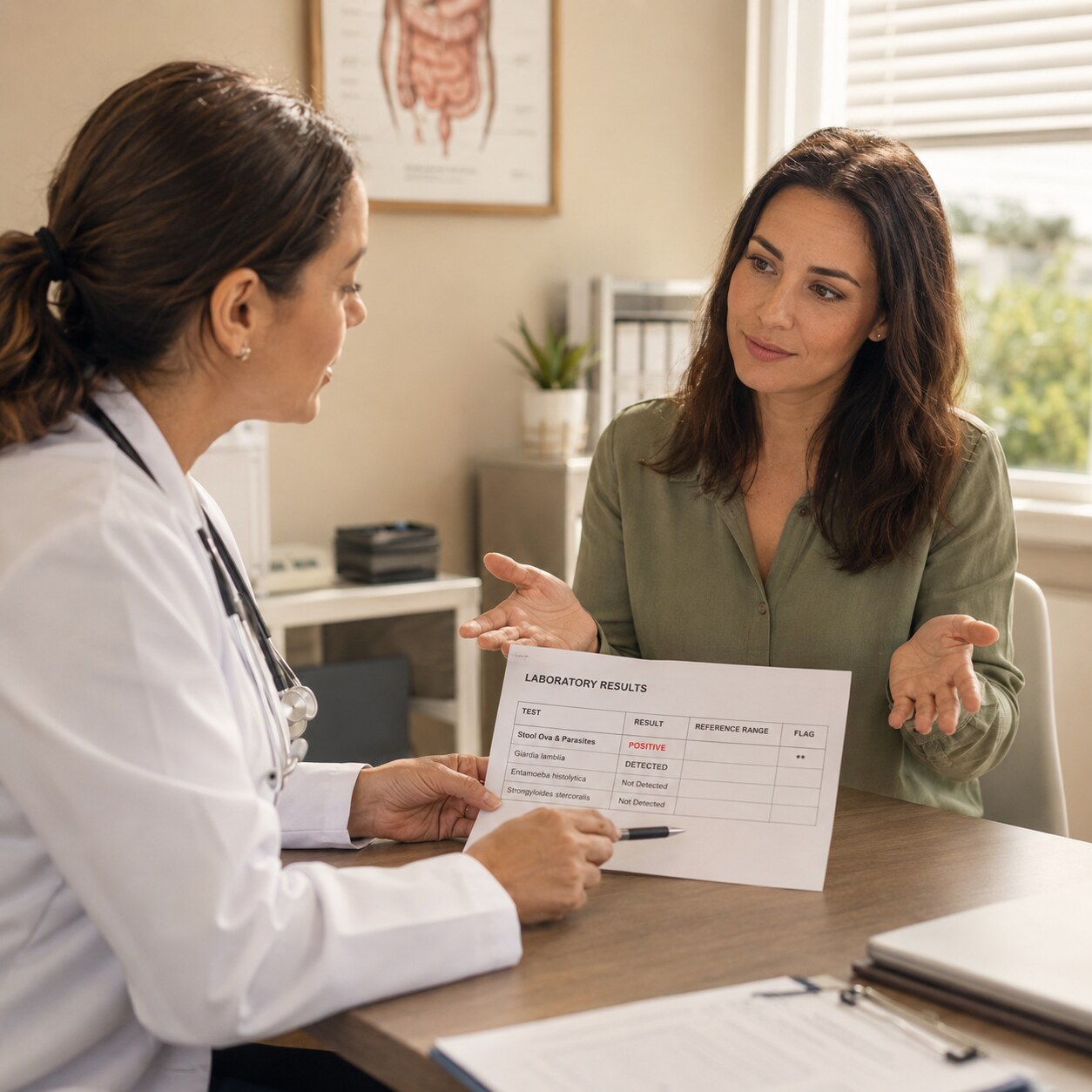 Doctor explaining a positive parasite test result to a patient who reports feeling completely well and symptom-free
