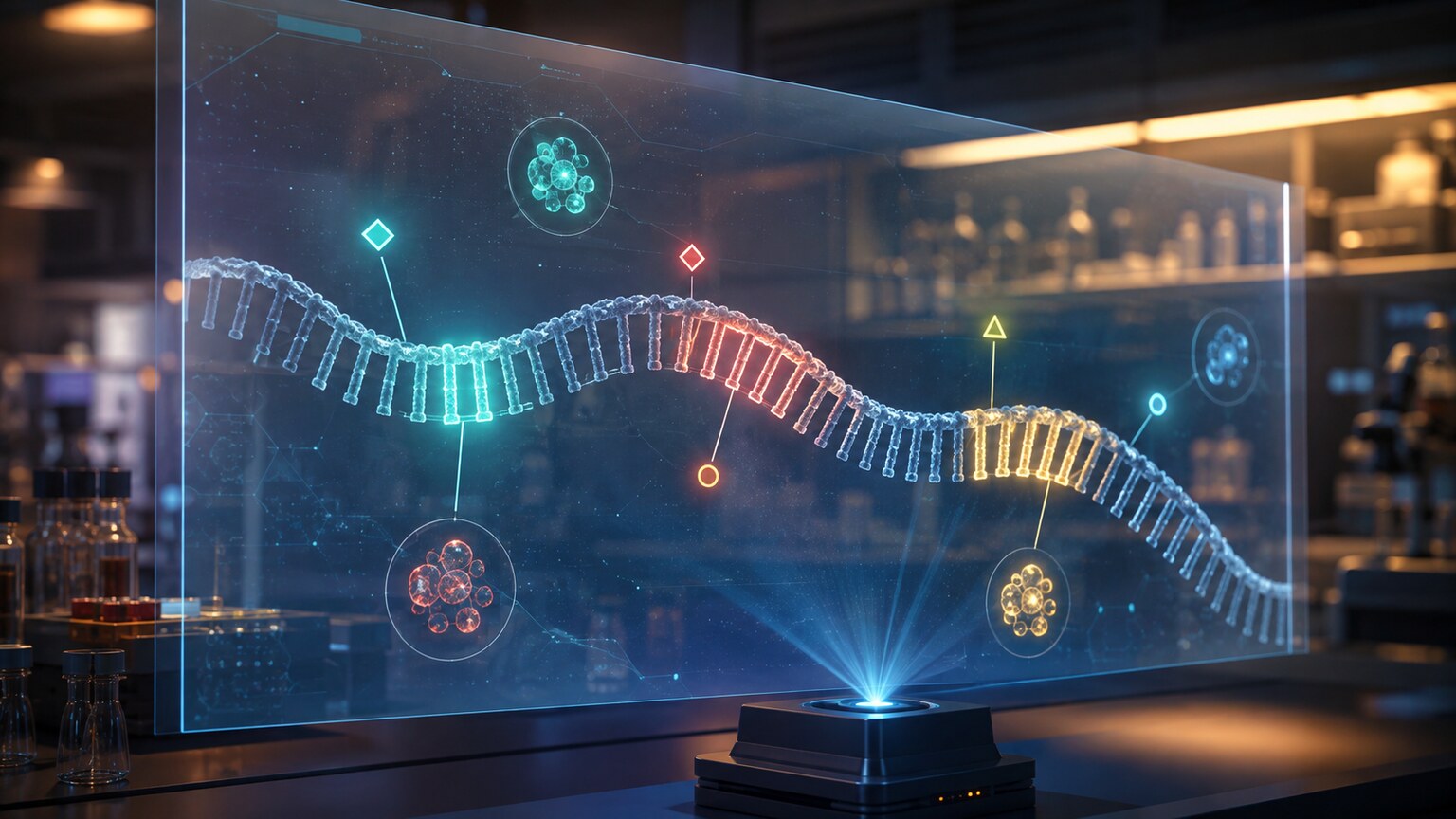 Scientific illustration of a viral genetic strand being read and decoded, revealing specific sequence markers used to classify its genotype