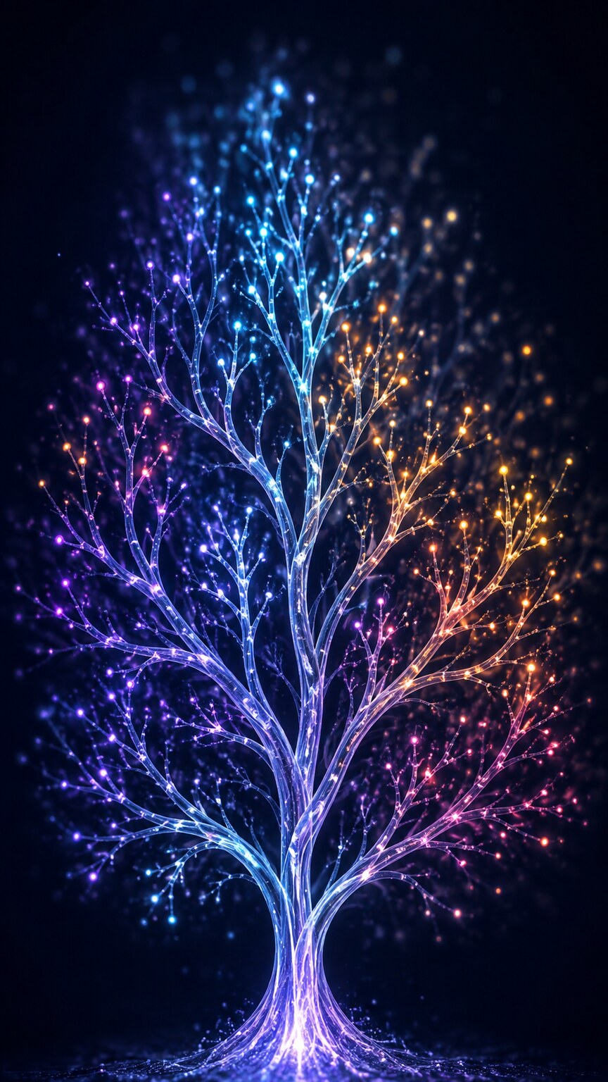 Scientific illustration of a glowing branching phylogenetic tree structure representing how different viral genotypes relate to each other through shared genetic ancestry