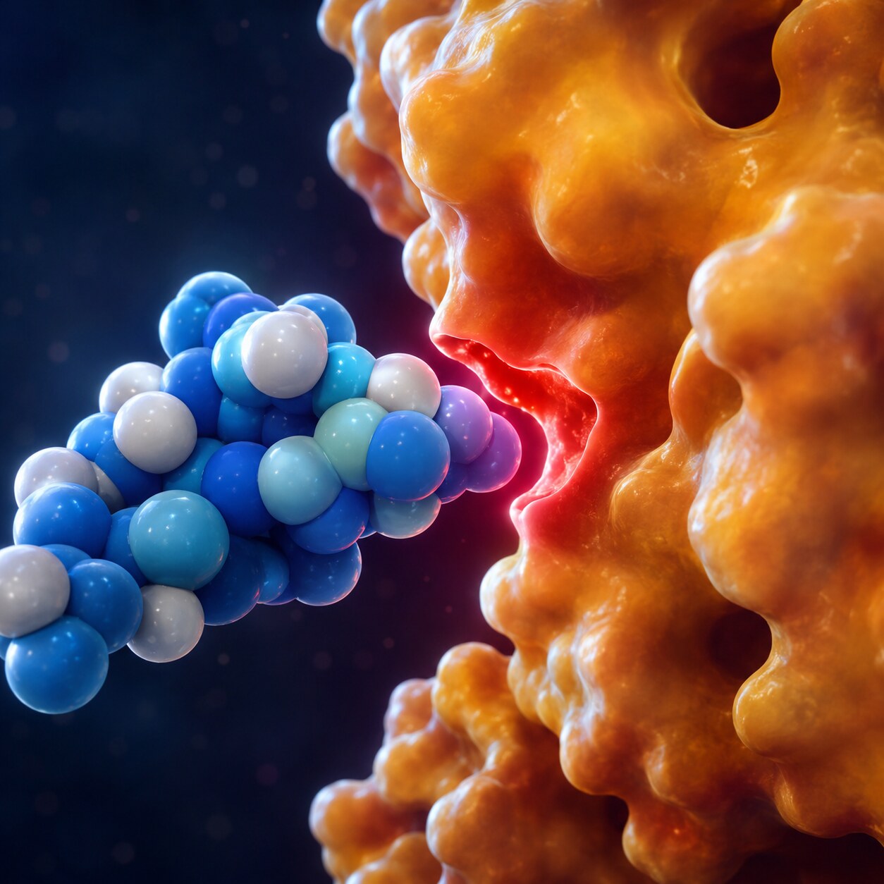 Scientific illustration of a mutated viral enzyme structure physically blocking an antiretroviral drug molecule from binding, representing genotypic drug resistance