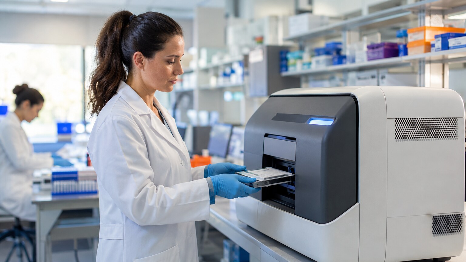 A laboratory technician loading a sample into a genetic sequencing instrument used to determine a virus's exact genotype