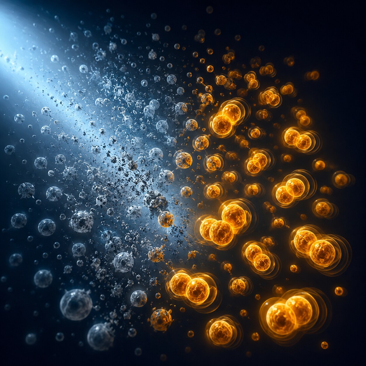 Scientific illustration of a small population of mutated viral particles surviving and multiplying while unmutated viral particles are eliminated under drug pressure