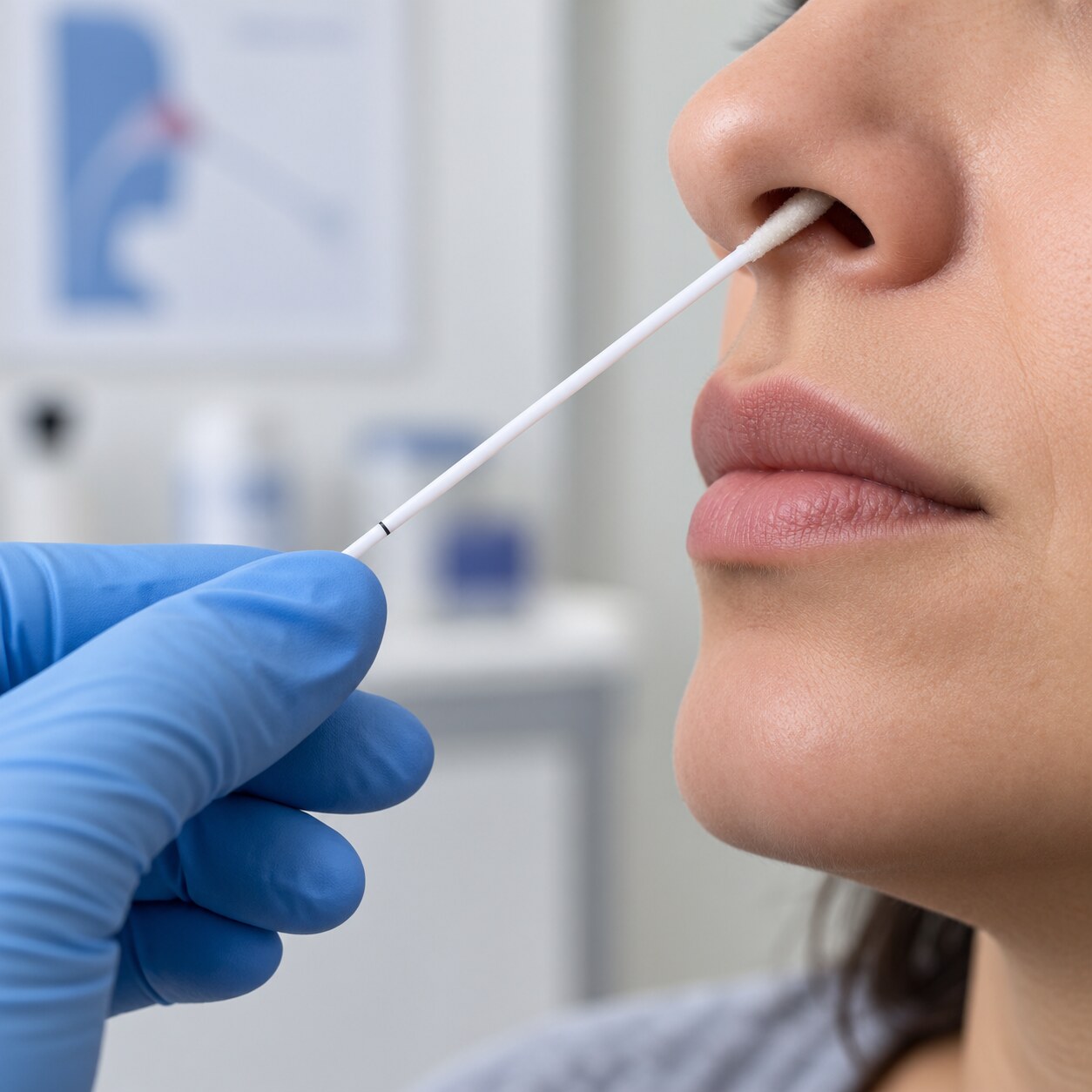 Close-up of a nasal swab being inserted for proper sample collection technique